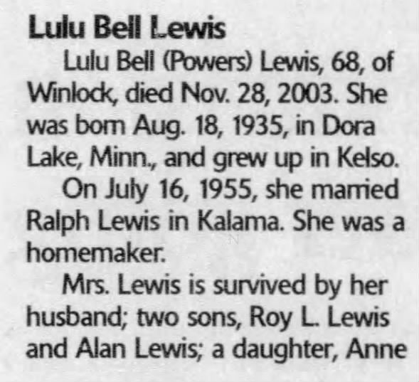 Obituary for Lulu Bell Lewis, 1935-2003 (Aged 68)